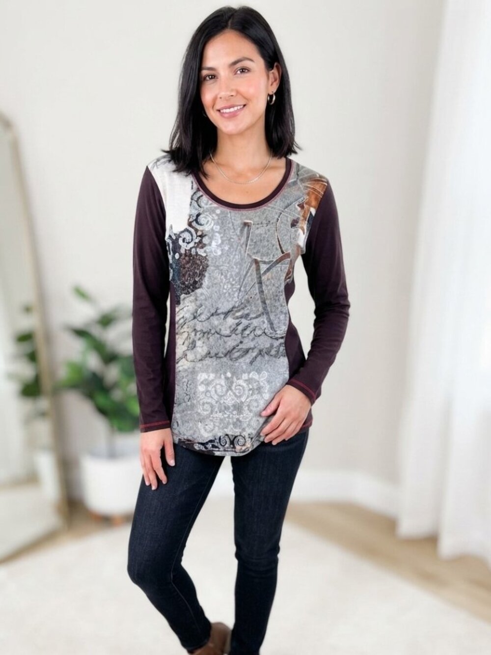 Boho Abstract Print Long Sleeve Scoop Neck Tunic Top Brown Gray XXL